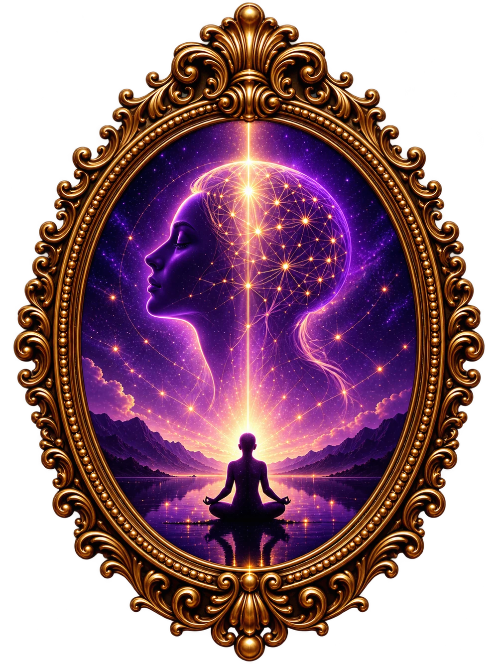 The Looking Glass: an ornate gold mirror holding a starlit violet sky, a woman's face traced in constellations, and a figure meditating on still water beneath a column of light